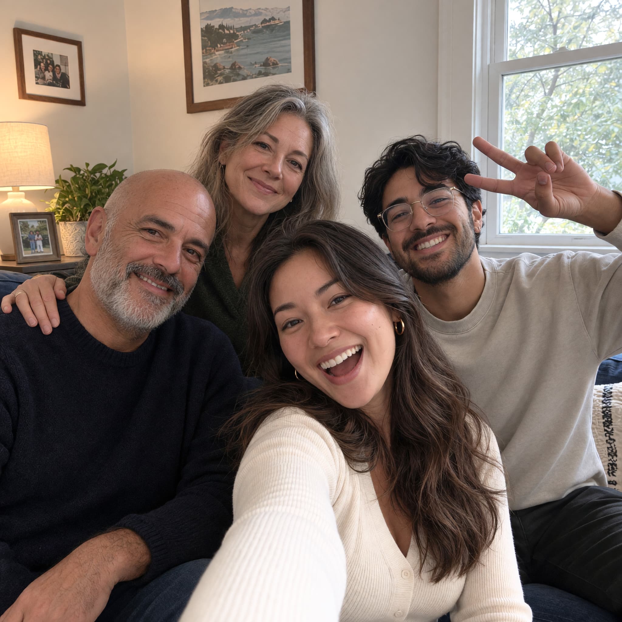 Sally celebrating a game night with three friends